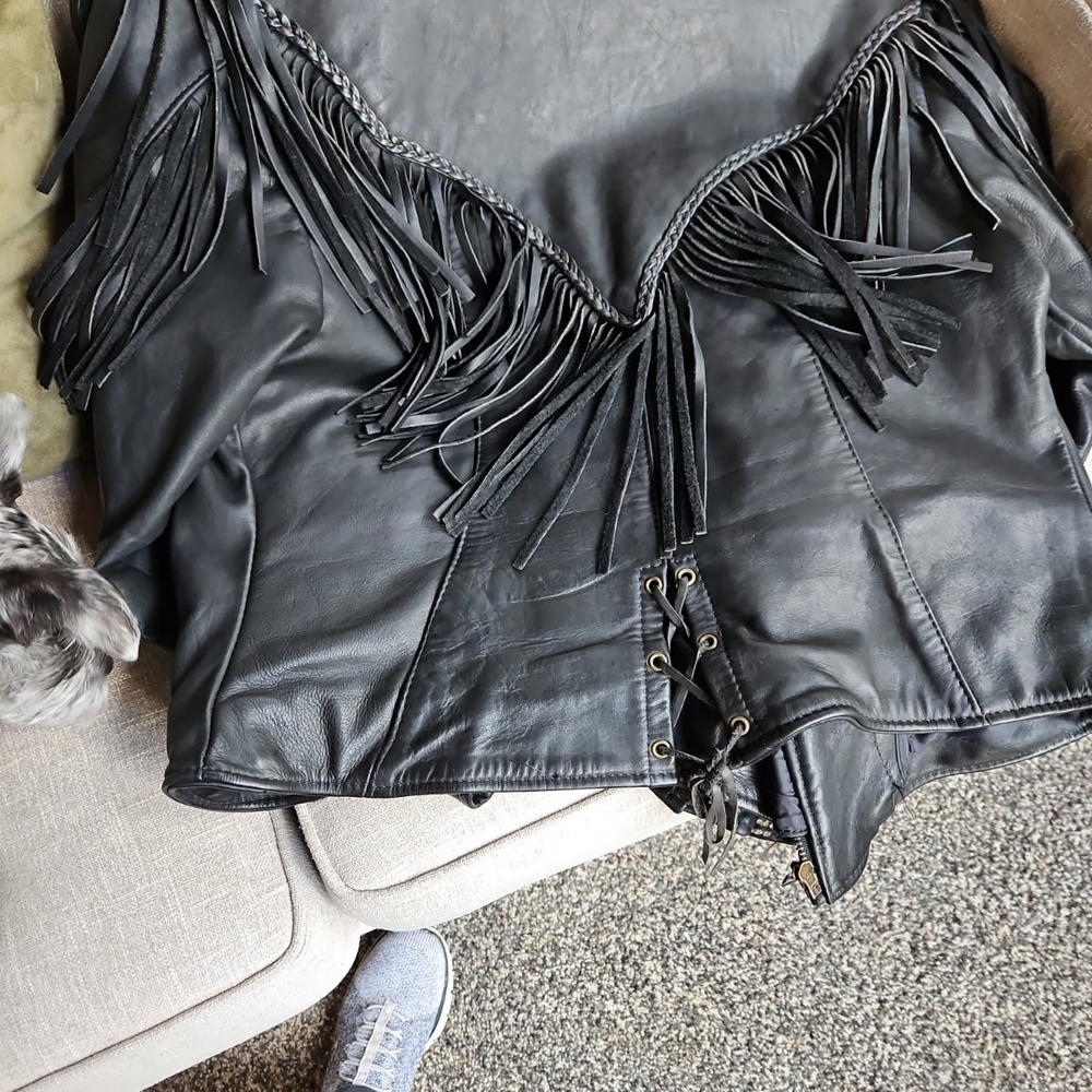 Black Leather Fringe Jacket with Motorcycle Style - Picture 2 of 3